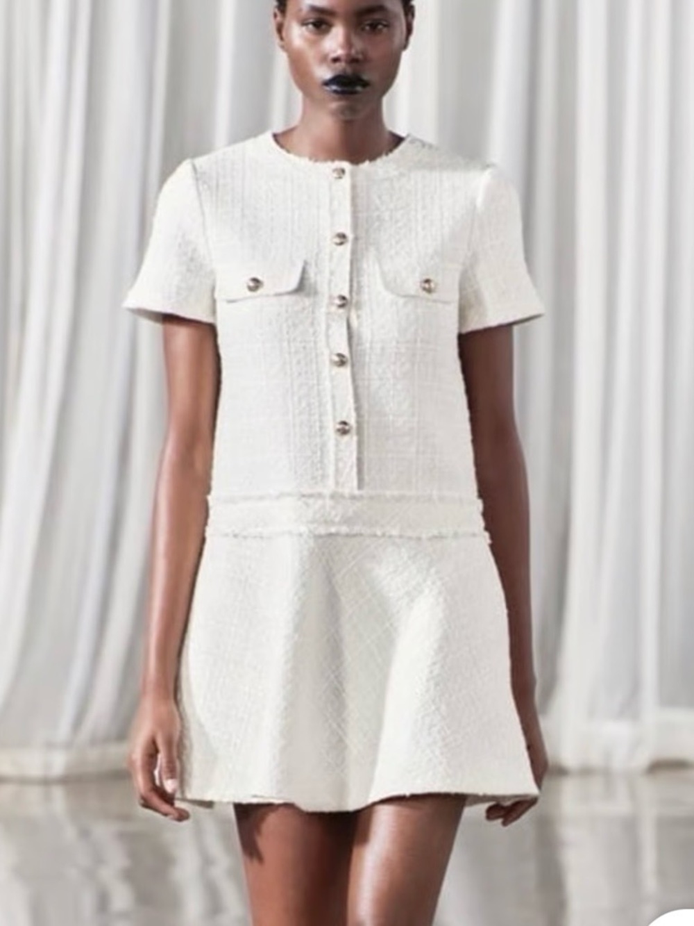 Like New Zara Short Structured Tweed Ivory Dress - Size Medium